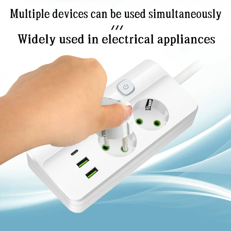 الأبيض 2 متر تمديد كابل الاتحاد الأوروبي التوصيل القياسية المقبس USB و Type-C منافذ الشحن LED التبديل المستقل 2500 واط تصنيف الطاقة