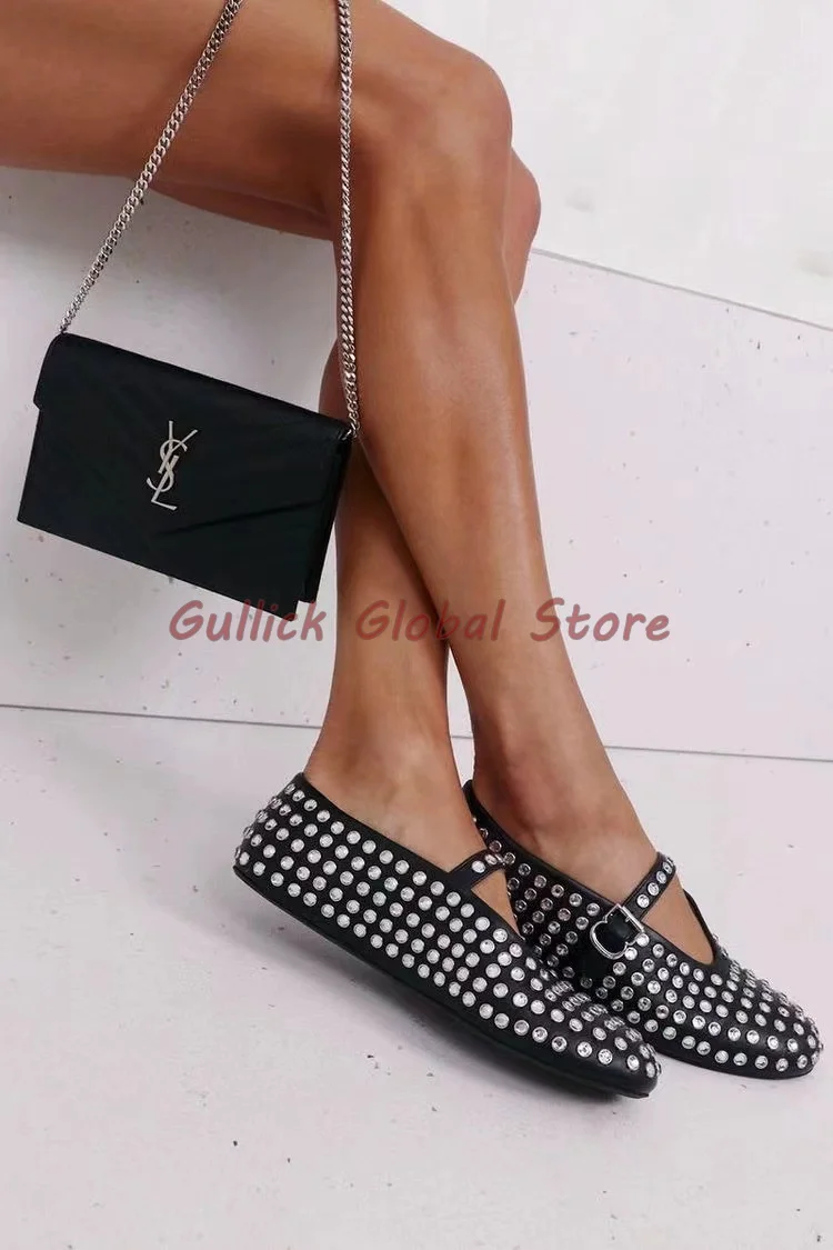 2024 New Arrival Spring Pumps Round Toe Buckle Rivet Full Diamond Strip Low Heels Breathable Fashion Summer Dress Ballet Shoes