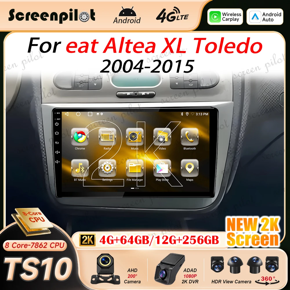 Android 16 Car Radio For Seat Altea XL Toledo 2004-2015 2K QLED Stereo Head Unit Multimedia Video Player Navigation GPS NO 2DIN