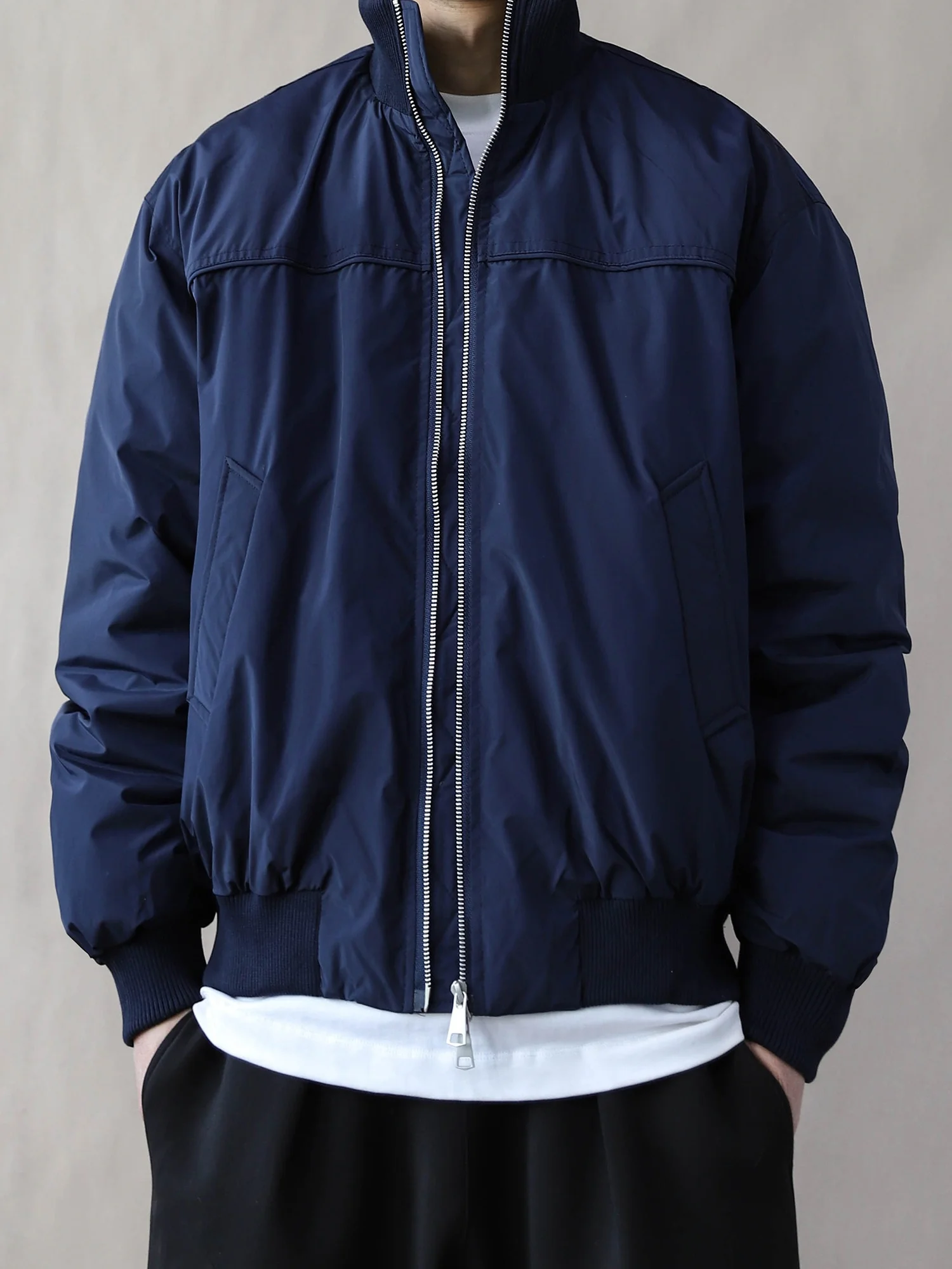 

Retro American 90 down Jaet Men Winter Loose Baseball Pilot Jaet Coat Deep Blue Stand Collar Polyester Long Sve Du d...