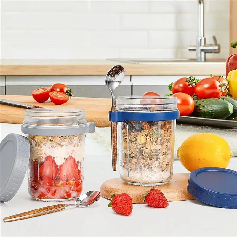 4 Pack Overnight Oats Containers with Lids and Spoons, 12 Oz Glass Overnight Oats Jars, Airtight Oatmeal Container &LICG