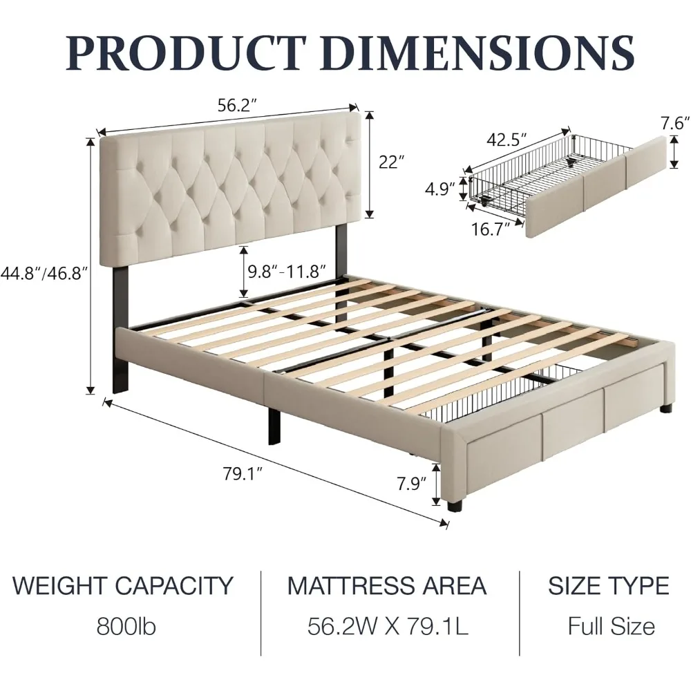 Full Size Bed Frame with Storage, Full Bed Frame with Headboard Adjustable, Upholstered Platform Bed Frame with Drawers Mattress