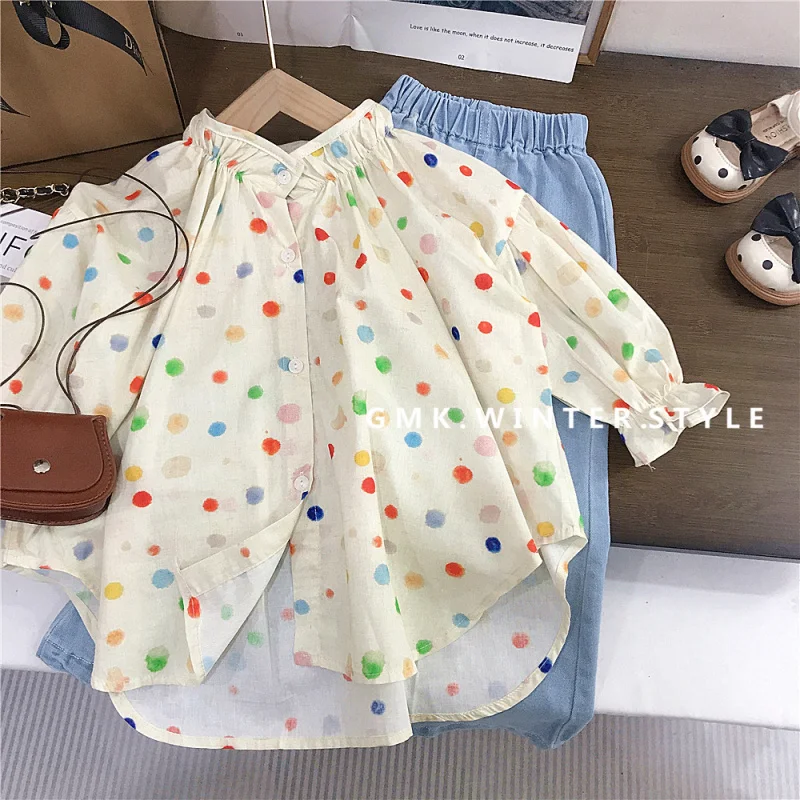 

Girls' Mid-Length Shirt Colorful Polka Dot Cotton Stylish Top Autumn Baby Girl Flared Jeans