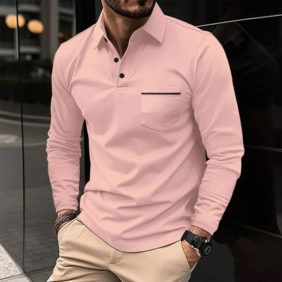 Spring Long Sleeve V-Neck Button Pocket Men's Casual Top