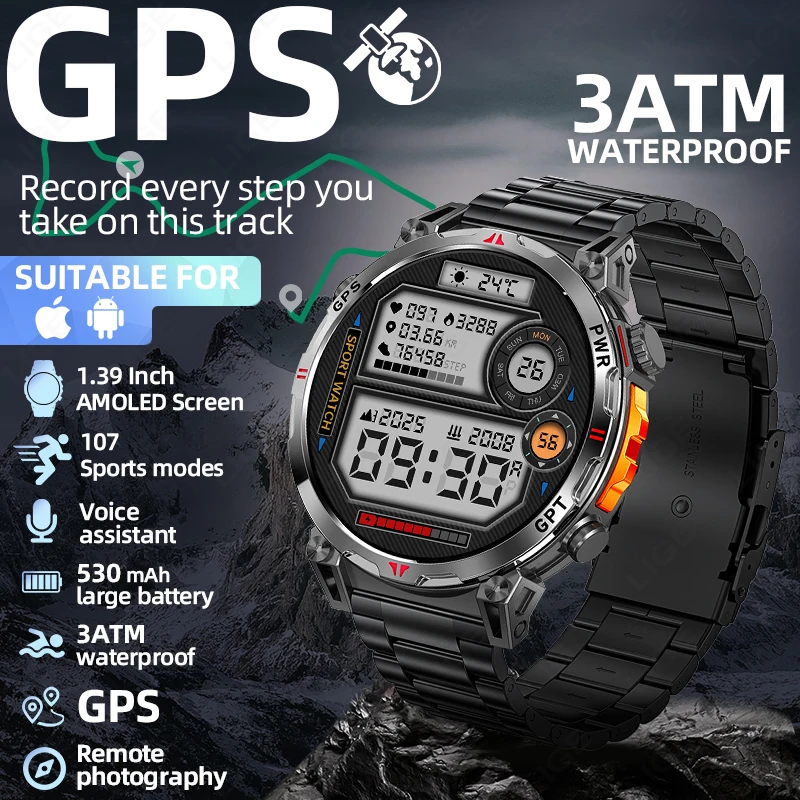 

LIGE Встроенные GPS Смарт-часы Мужские умные часы Компас Высотомер Барометрические 3ATM Водонепроницаемые 1,39 "HD BT Call Спортивные часы для фитнеса