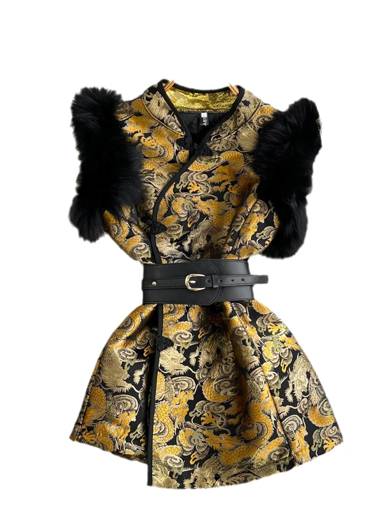 레트로 중국풍 플로럴 자수 퍼 패치워크 스탠드 칼라 허리 슬림핏 A라인 미니 원피스