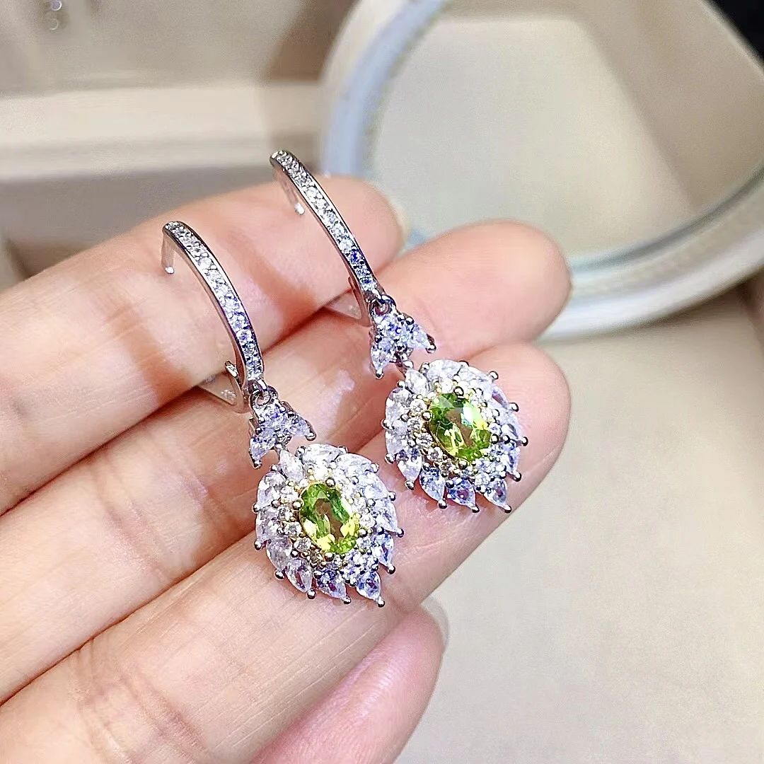 Dazzling Silver Peridot Drop Earrings for Party 4mm*6mm VVS Grade Peridot Eardrop Solid 925 Silver Peridot Jewelry