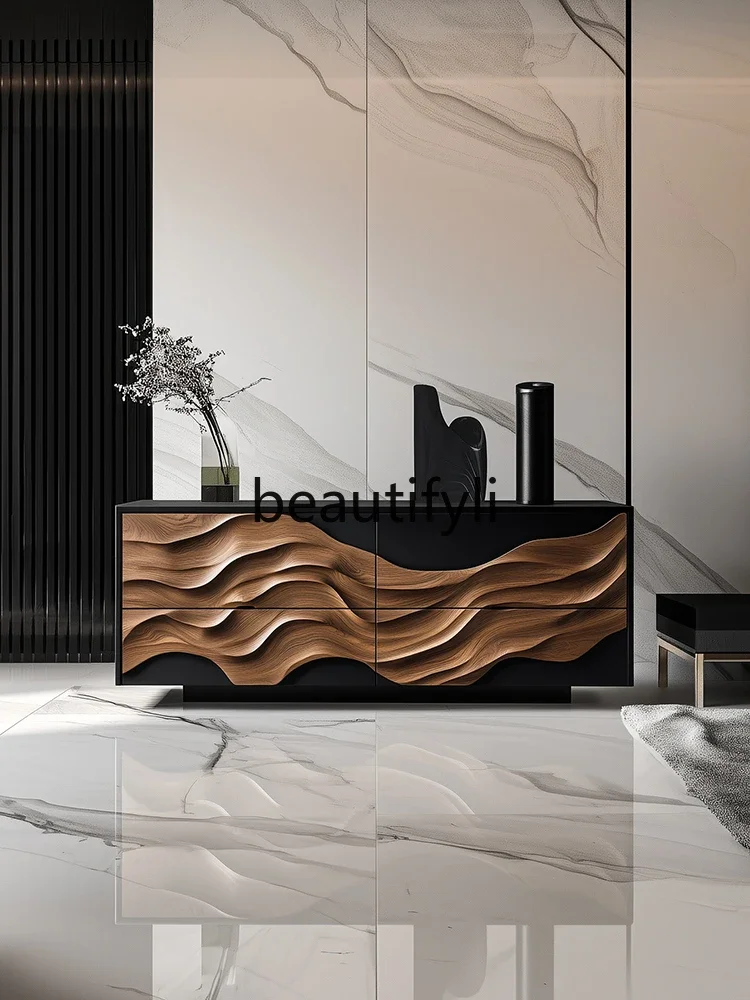 

SS Italian light luxury chest, drawer, solid wood porch cabinet, bedroom storage, wave pattern low cabinet