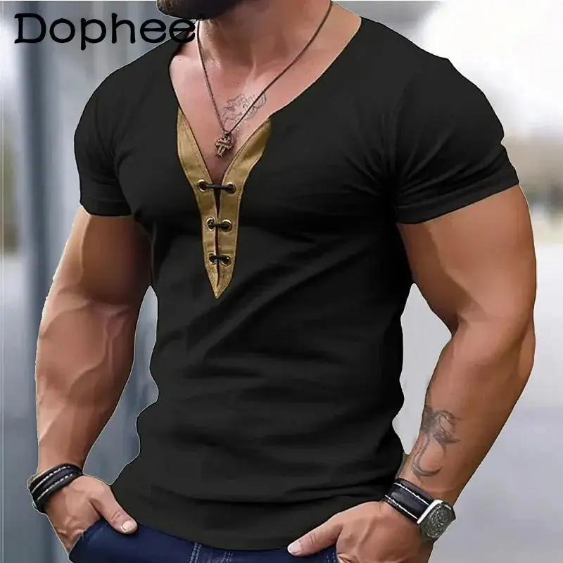 

2024 Summer New High-end Personality Men's Splicing V-neck Thin T-Shirts Short-sleeve Trendy Splicing Slim Thin Handsome T-shirt