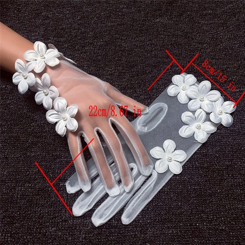 Korean Simple Short White Transparent Mesh Flower Pearl Wedding Dresses Gloves For Bride Evening Parties etiquette Accessories image 4