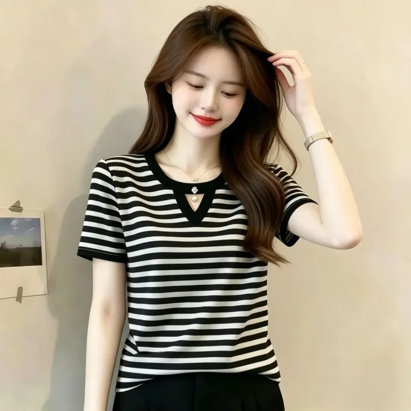 Fashion Women Summer Striped Short Sleeve T Shirt Notch Neck Pearl Decor Slim Casual