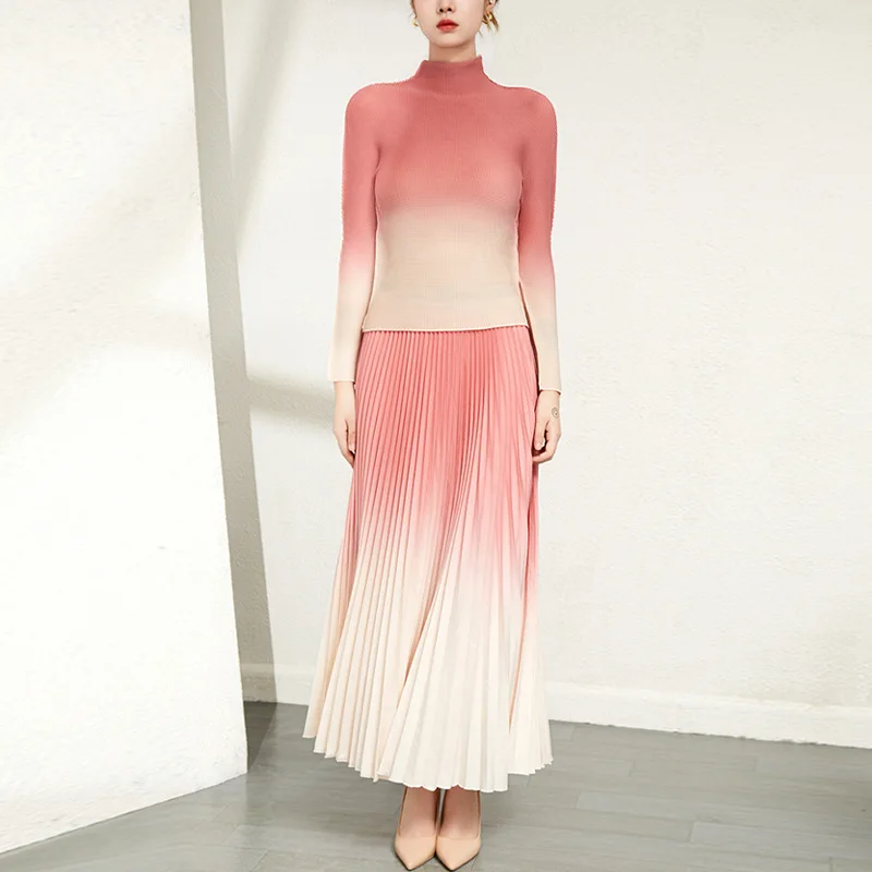 

Miyake Pleated Two Piece Set For Women Autumn New Fashion Gradient Colour Stretch Long Sleeve Turtleneck Top + Skirt