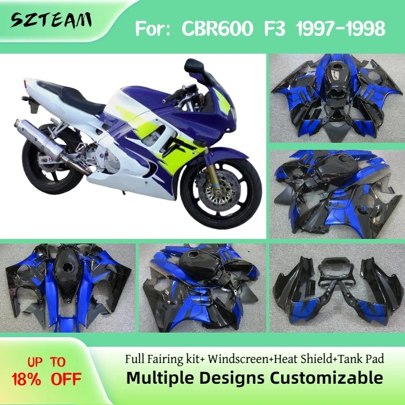 

Комплект обтекателей для Honda CBR600F3 1997-1998, сине-черный, из АБС-пластика, для мотоциклов, неоригинальные обтекатели
