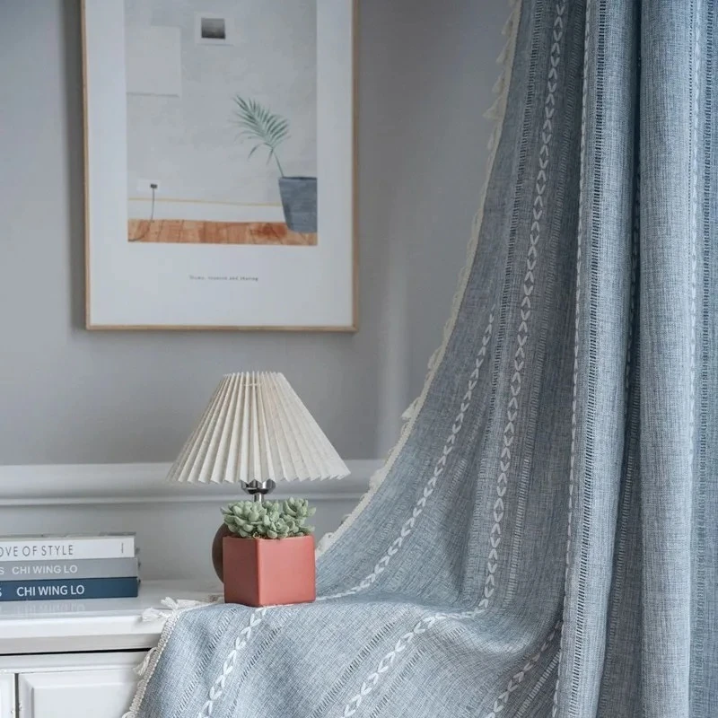 Cotton Linen Knitting and Embroidery Window Curtains for Living Room Short Vintage Home Decoration Tassel Drapes Kitchen