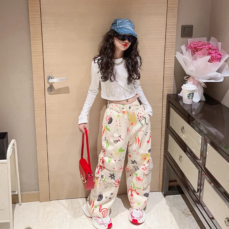 Fashion Girls Fun Graffiti Print Suit White T Shirt +Pants 2pcs Outfits Long Sleeve Top +Sweatpants 9 10 Yrs Girls Spring Autumn