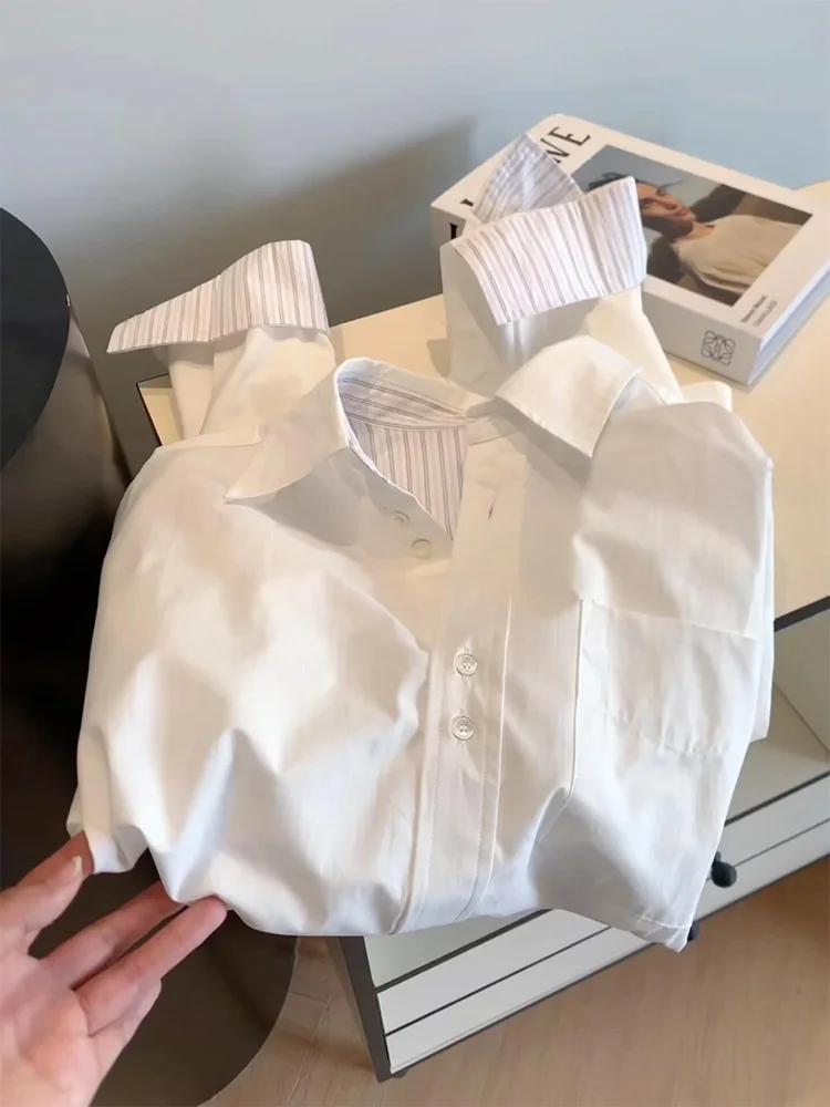 Bianco con risvolto Ne Long Sve Casual irt Uomo Donna Primavera Autunno Coreano Sle Riduzione dell'età Design Loose Fit Pendolarismo S...