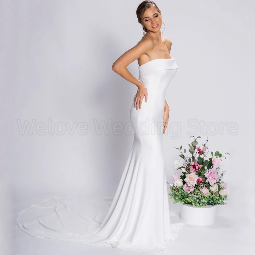 Simple Strapless Boat Neck Wedding Dress Mermaid Floor Length Sexy Open Back with Buttons Bridal Sweep Train Custom Made Gowns