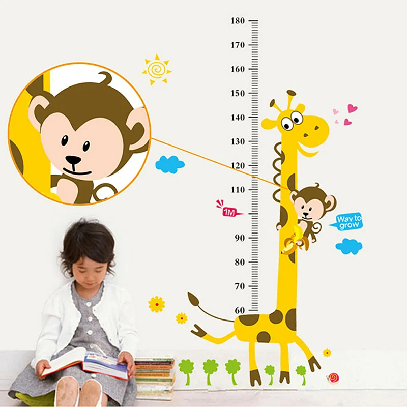 Cartoon Animals Height Chart Growth Ruler Wall Stickers Kids Room Decor Self Adhesive Monkey Giraffe Fish Decals Art Poster