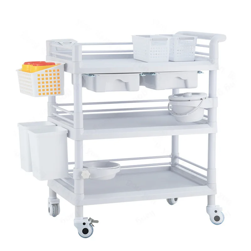 

Full plastic beauty salon double drawer trolley movable rack medical beauty equipment trolley