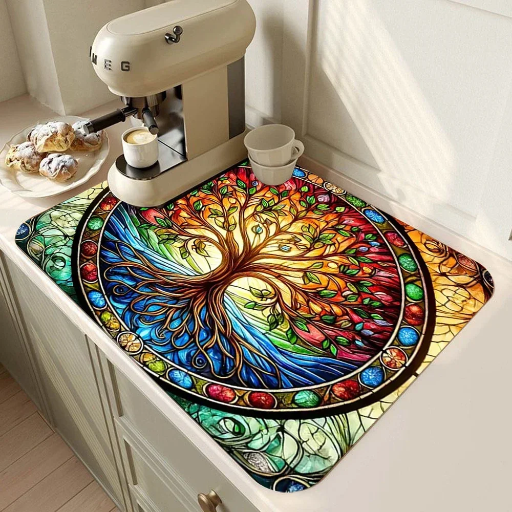 Tree Of Life Printed Tableware Drying Mat Drain Pad Non Slip Super Absorbent Coffee Machine Mat Kitchen Table Courtyard Decor