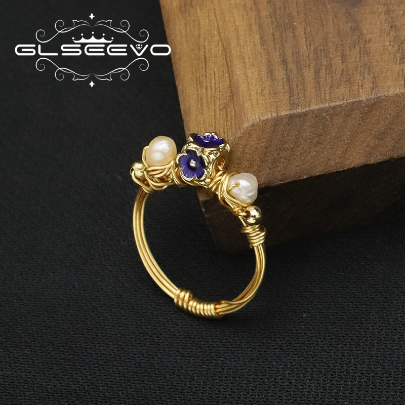 GLSEEVO 18k Electroplated Gold Natural Baroque Pearls Cloisonne Purple Gemstones Women Rings 2022 Fashion Jewelry Customizable