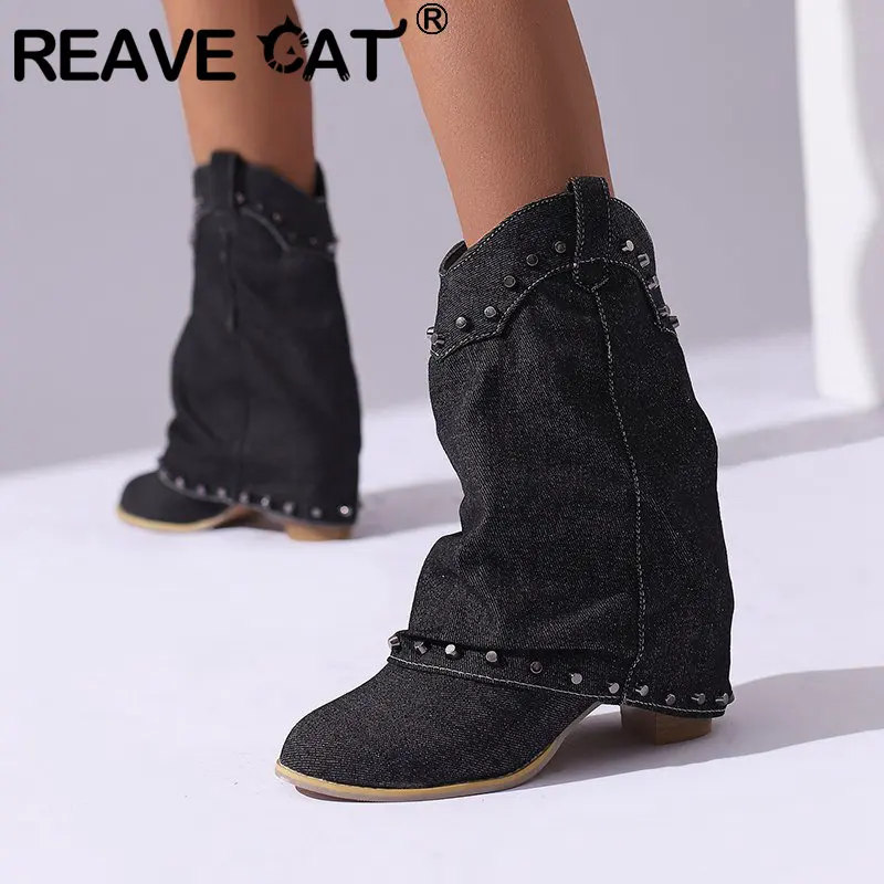 

REAVE CAT модные ковбойские женские ботильоны с круглым носком на массивном каблуке 6 см без шнуровки 46 47 48 заклепки женская обувь для отдыха