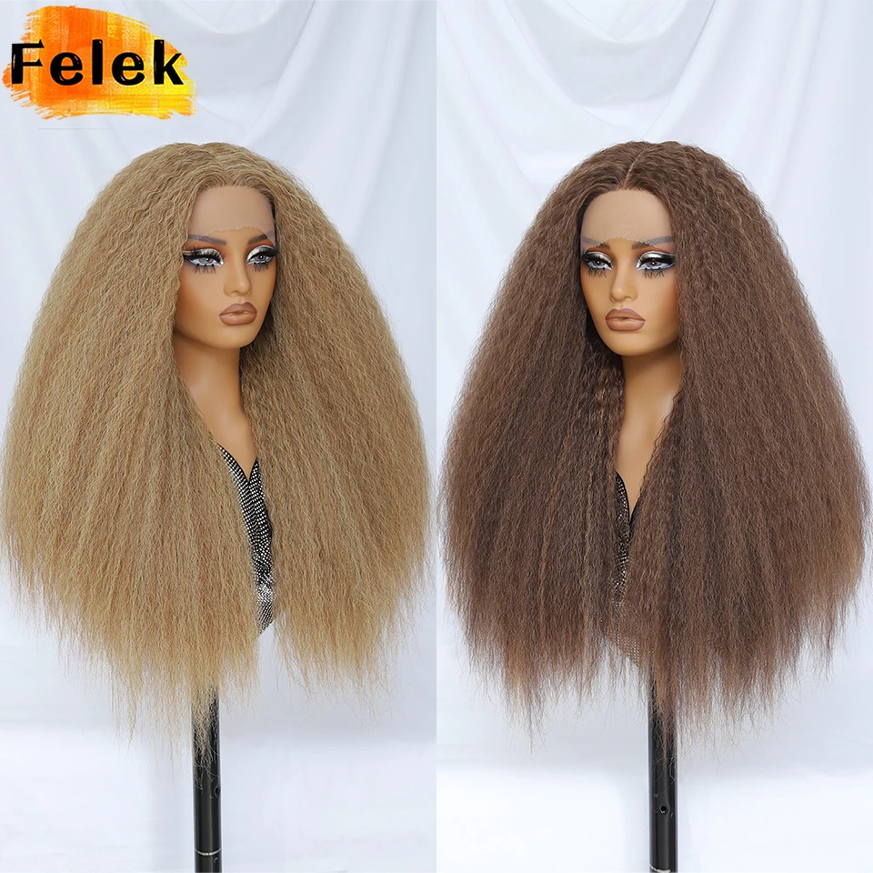 

28 Inch T Part Kinky Straight Lace Wigs Ombre Brown Black Synthetic Yaki Straight Lace Front Wigs For Women Hair Line Afro Wigs