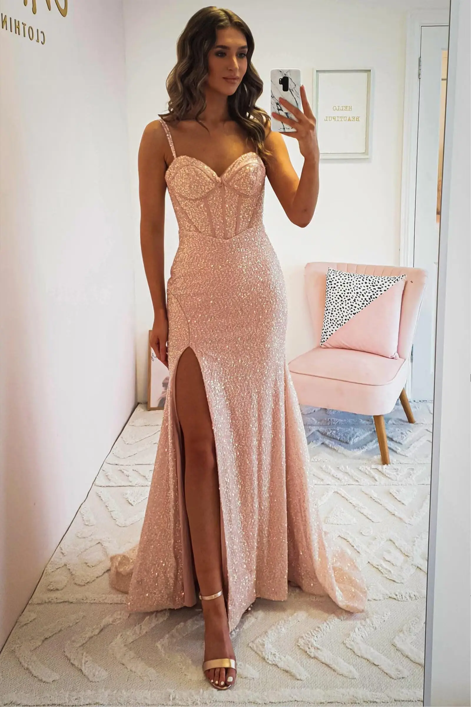 

Customized Prom Dresses Long For Women Mermaid Sparkly Sequin Slit Bridesmaid Dress Spaghetti Straps Corset Evening Party Gowns