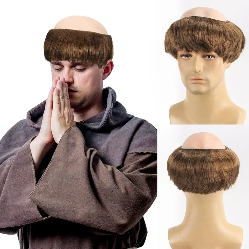 Funny Adult Bald Wig Brown Monk Hats Monk Role Costume Props for Women Men Halloween Dress Up Accessorie