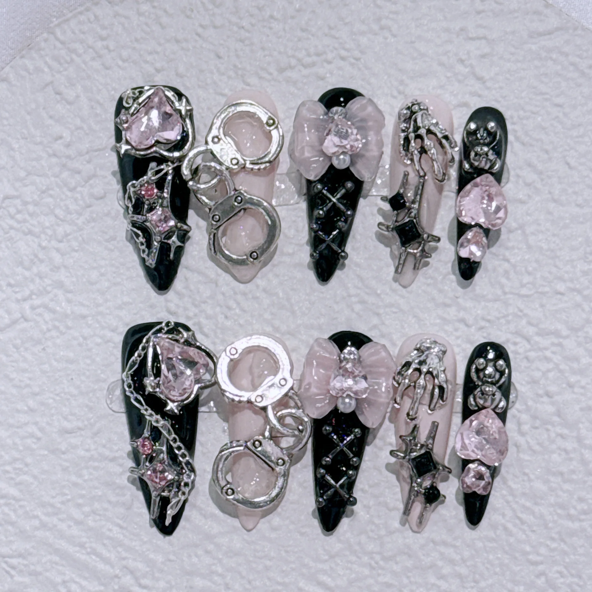 

10pcs Handmade Press on Nails 3D Pink Bow Y2k Cool Girls False Nails Wearable Heavy Metal Crystal Decor Almond Fake Nail Tips