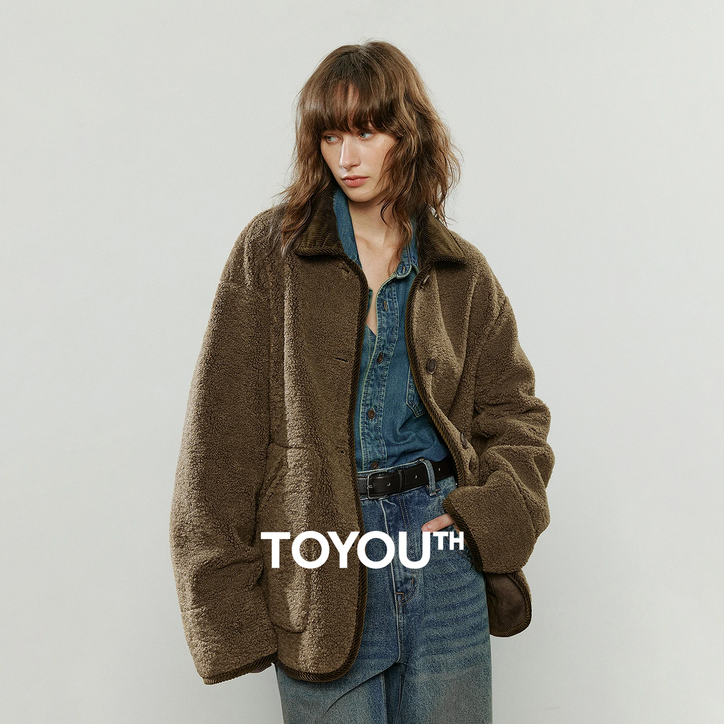 TOYOUTH Women Coats 2025 Winter New Plush Suede Color-block Spliced Faux Fur Lined Cotton Jackets