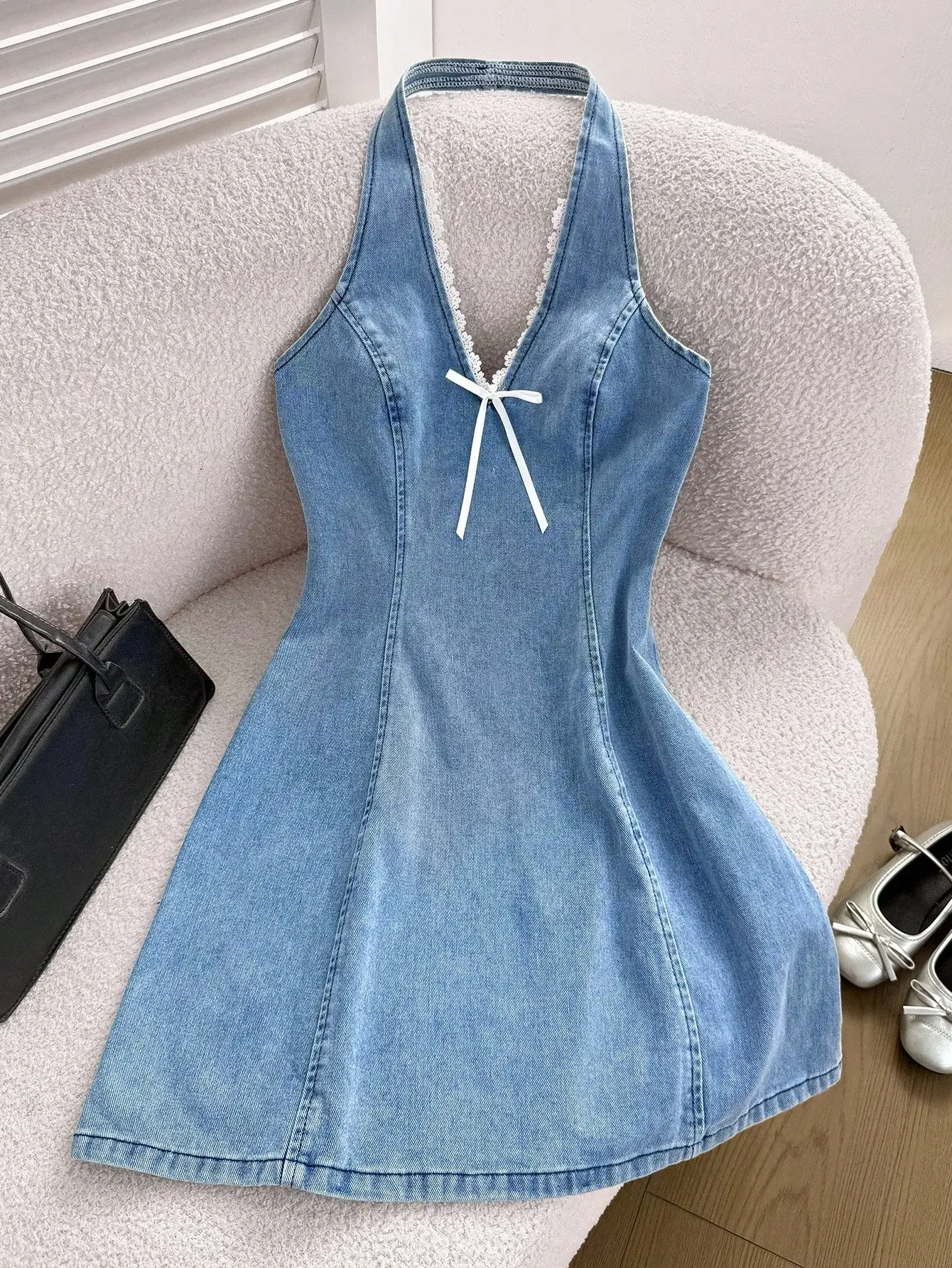 

Women's Halter Denim Mini Dress With Lace Trim And Bow Front