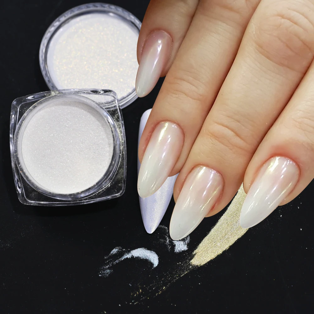 Hailey Bieber-Polvo de uñas blanco cromado, purpurina brillante, diseño Aurora, efecto Luna, frotamiento de uñas