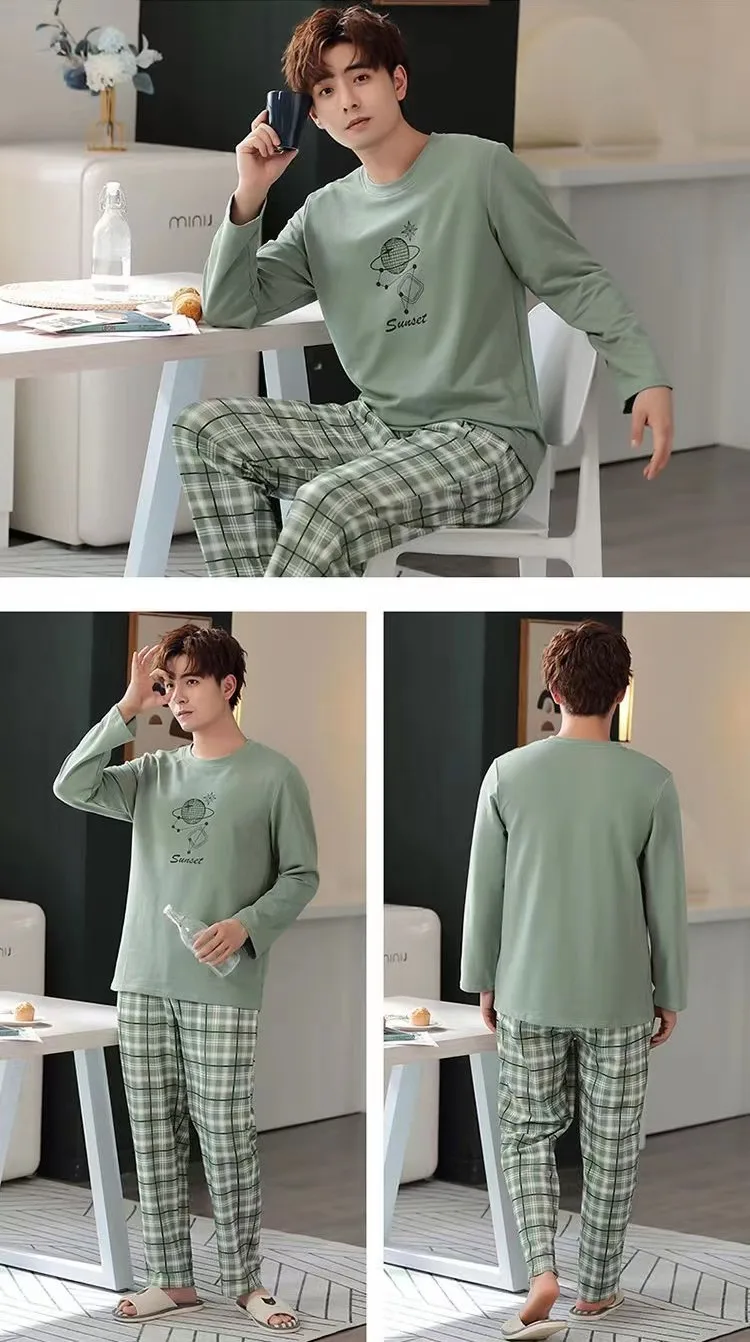 2 Teile/satz männer pyjamas set von große größe langarm lange hosen herbst und winter studenten hause kleidung rundhals herbst m – Detail 21