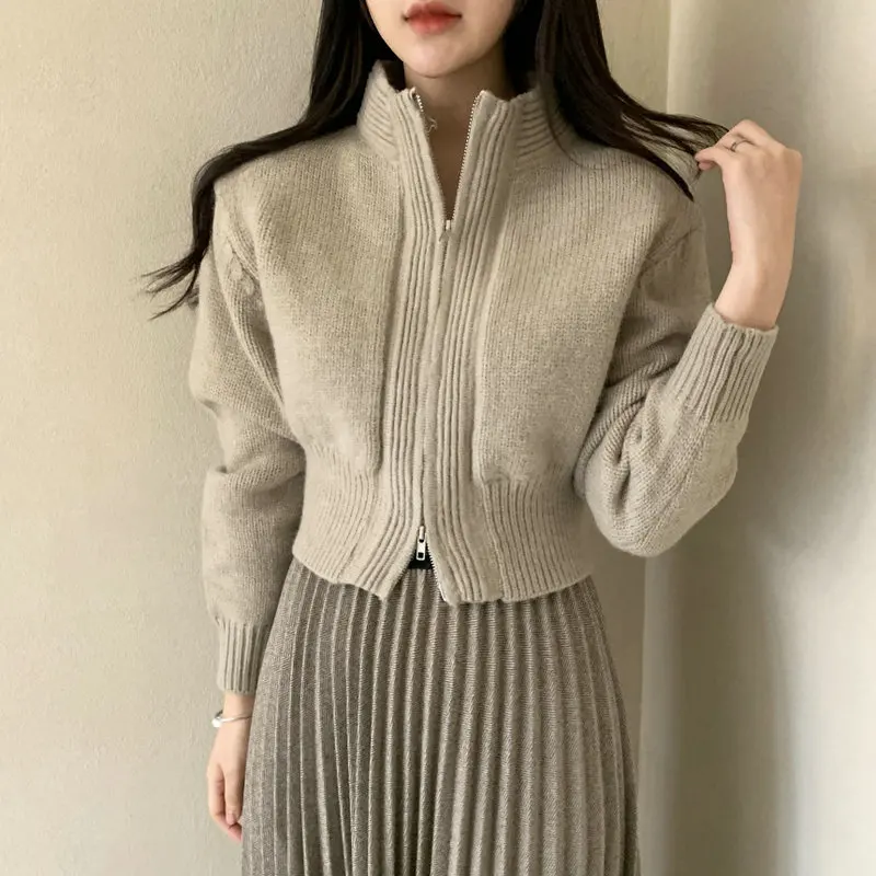 

Thiened Long Sve Zipper Ne Knitted Sweater Jaet Pure Color Stand Collar Winter Outerwear Simple Design Women's Cardigan