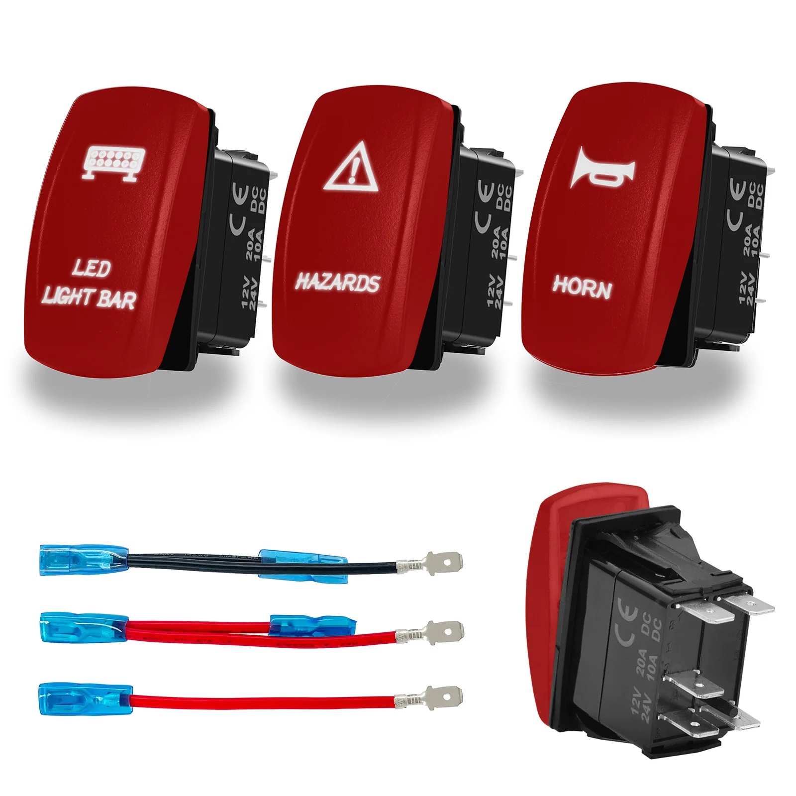 

Red Rocker Switch Cover with Text Hazrds White Led 5Pins Toggle Switch for Car Marine RV SUV Caravans Truck Camper with Cable