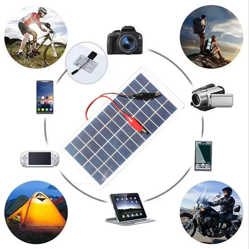 Solar panels5W 12V Polysilicon Solar Panel Outdoor Portable Waterproof Charging Panel with Clips Can Charge 9-12V Battery