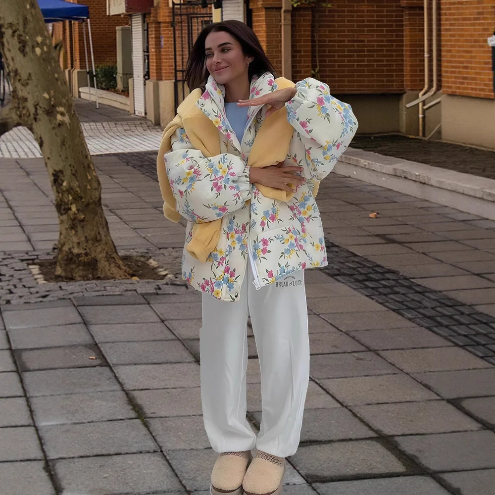 

Зимние модные куртки с принтом, верхняя одежда для женщин, свободные контрастные свободные пальто с карманами на молнии, женские теплые куртки-пальто