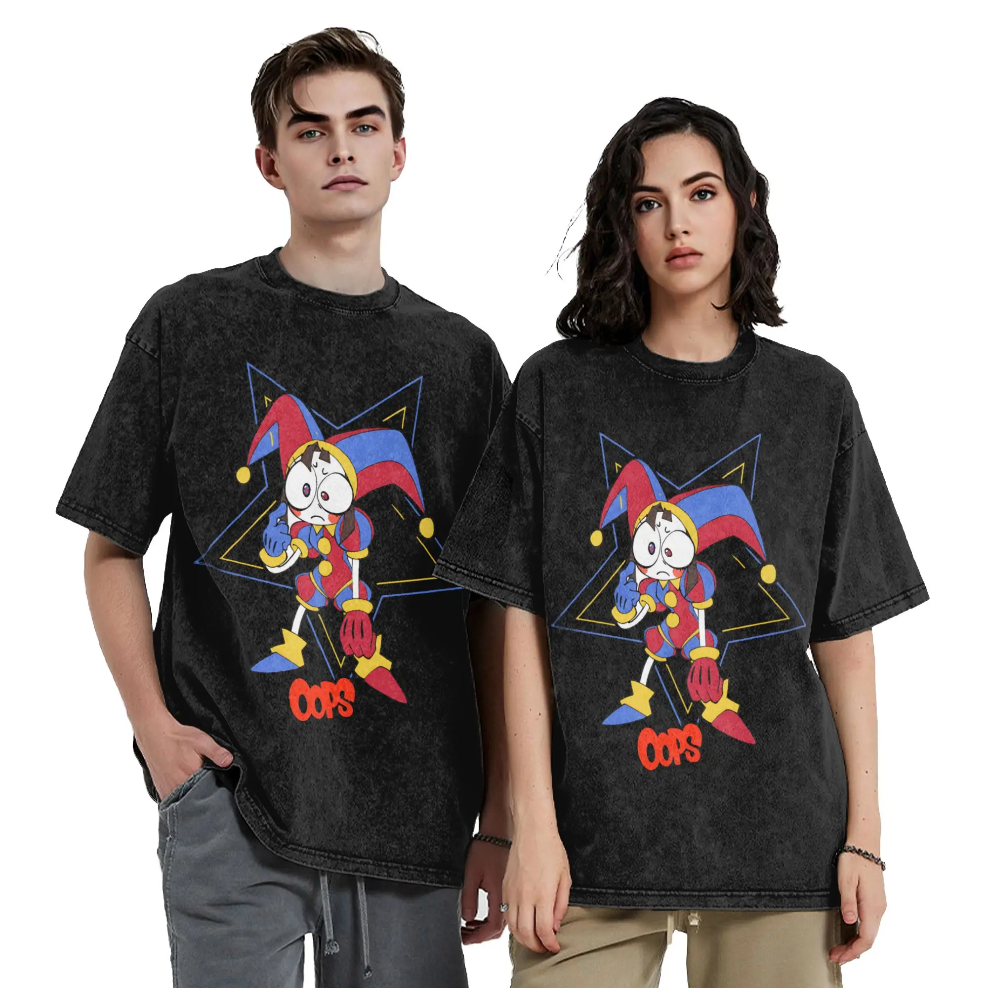 Cartoon Digitals Circus Washed T Shirt Streetwear Vintage T-Shirt  Tees Men Women Short Sleeve Street Summer