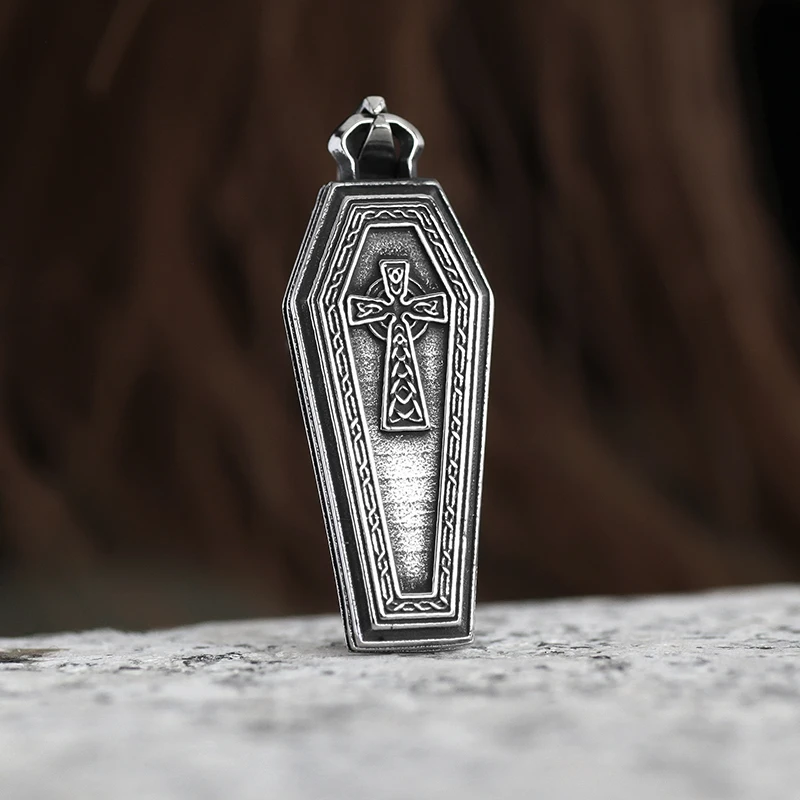 Wholesale Price Punk Rock Stainless Steel Gothic Coffin With Cross Pendant Necklace With Chain For Man Party/Halloween Gift
