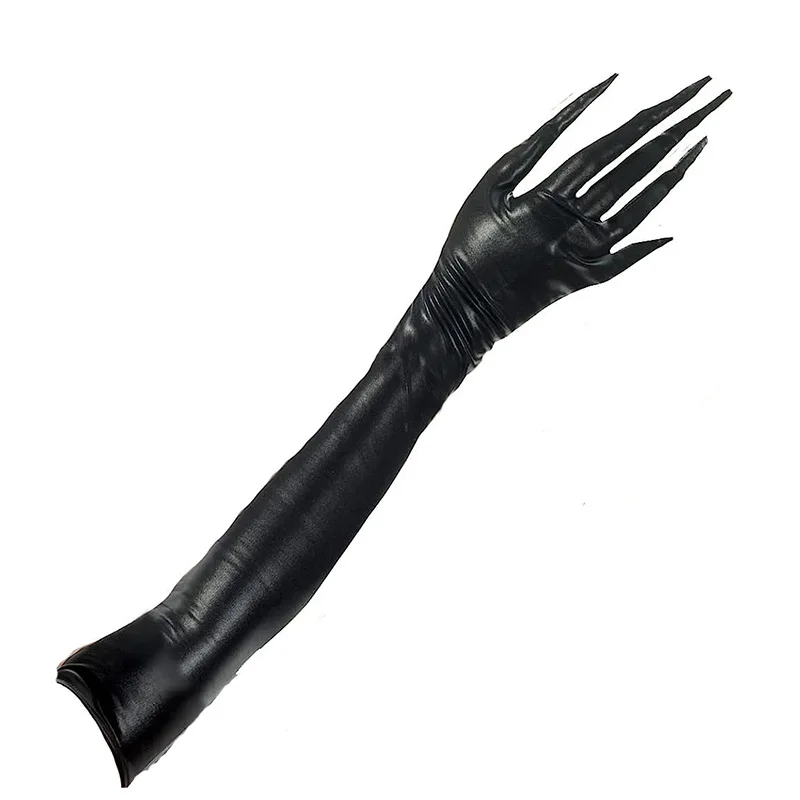 60cm Halloween Devil Claw Gloves Women's Shiny Black PU Leather Long Cosplay Costume Props for Masquerade Party Performance