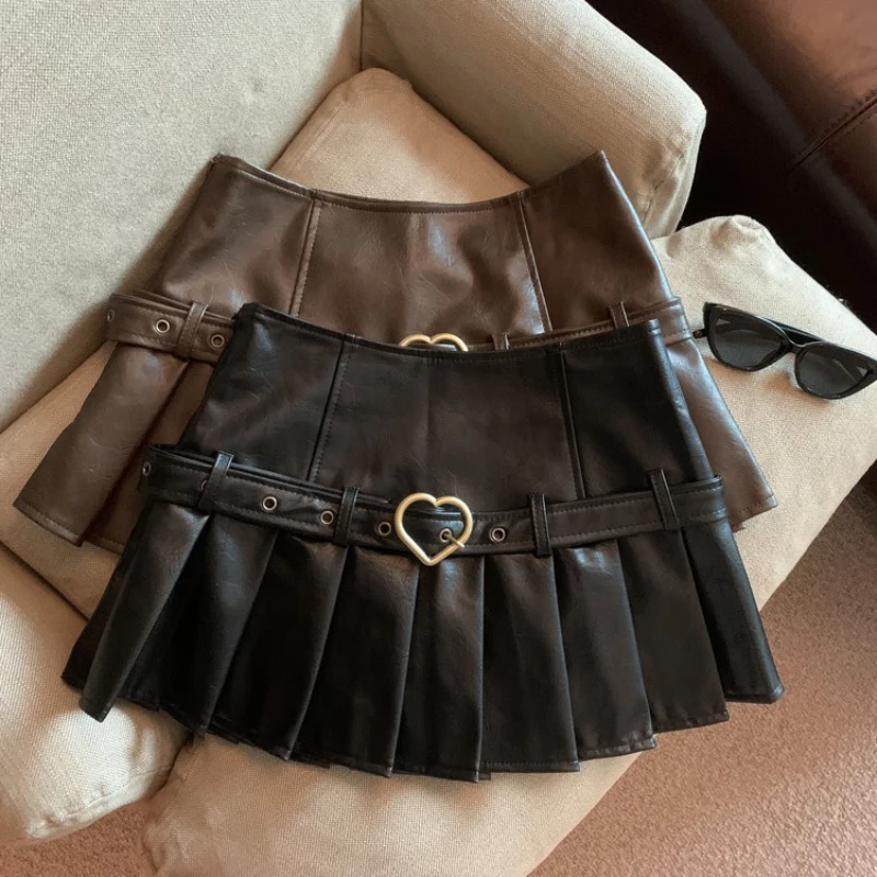 Bomon 2000's Motorcycle Style Y2K Fall/Winter New High-Waisted Retro Pleated Skirt PU Leather Skirt American Retro Sexy Skirt