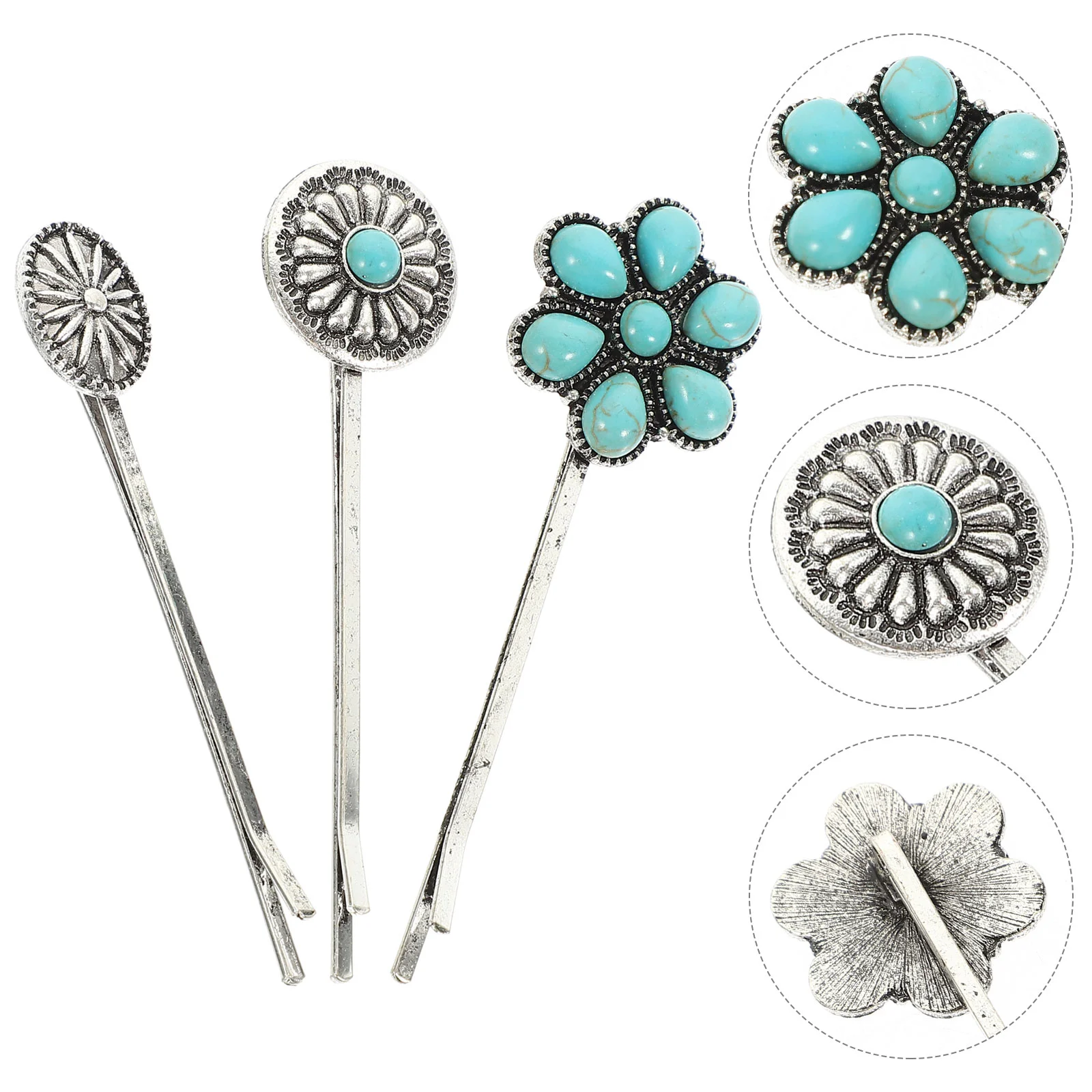 3 Pcs Vintage Turquoise Alloy Hair Jewelry Accessories Side Clamps Bobby Hairpins Clips Metal