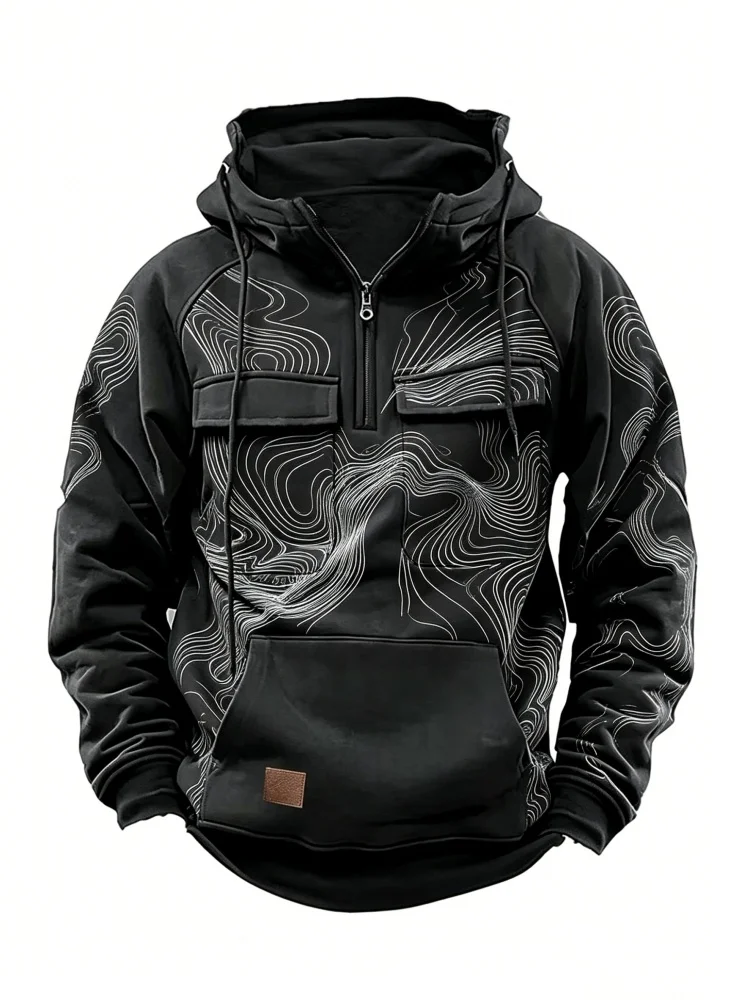 Men's Half Zip Up Hoodie Abstract Wave Print Streetwear Casual Loose Fit Pullover Sweatshirt