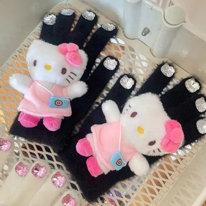 Vijf vingers handschoenen Hello Kitty schattige pluche handschoenen met strass Sanrio Kawaii Anime pop herfst winter warme outdoor handschoenen