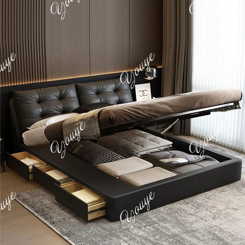 

Genuine Leather bed modern simple apartment luxury double bed 1.8 meters high-end atmospheric master bedroom Queen size bed