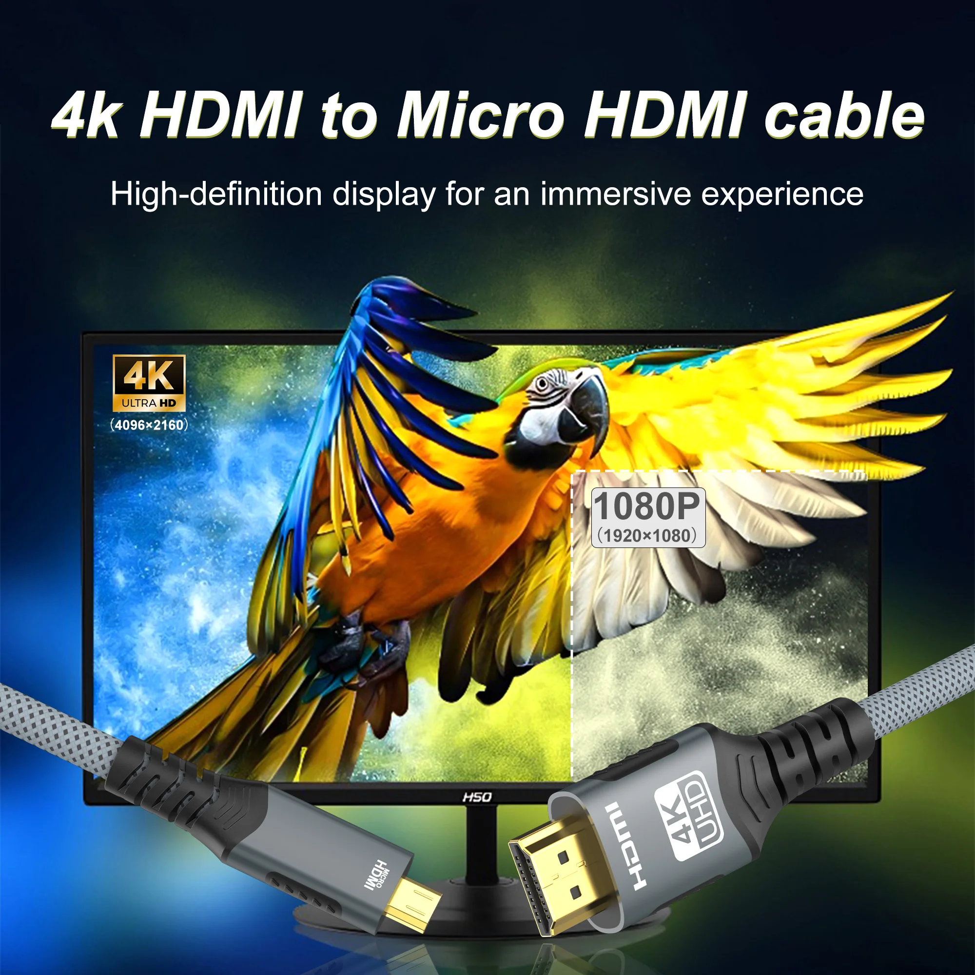 Micro HDMI-kompatibel zu HDMI Kabel 18 Gbit/s 4K @ 60 Hz Geflochtener bidirektionaler Adapter Konverter für HDTV PS4 Tablet XBOX Kamera – Detail 11