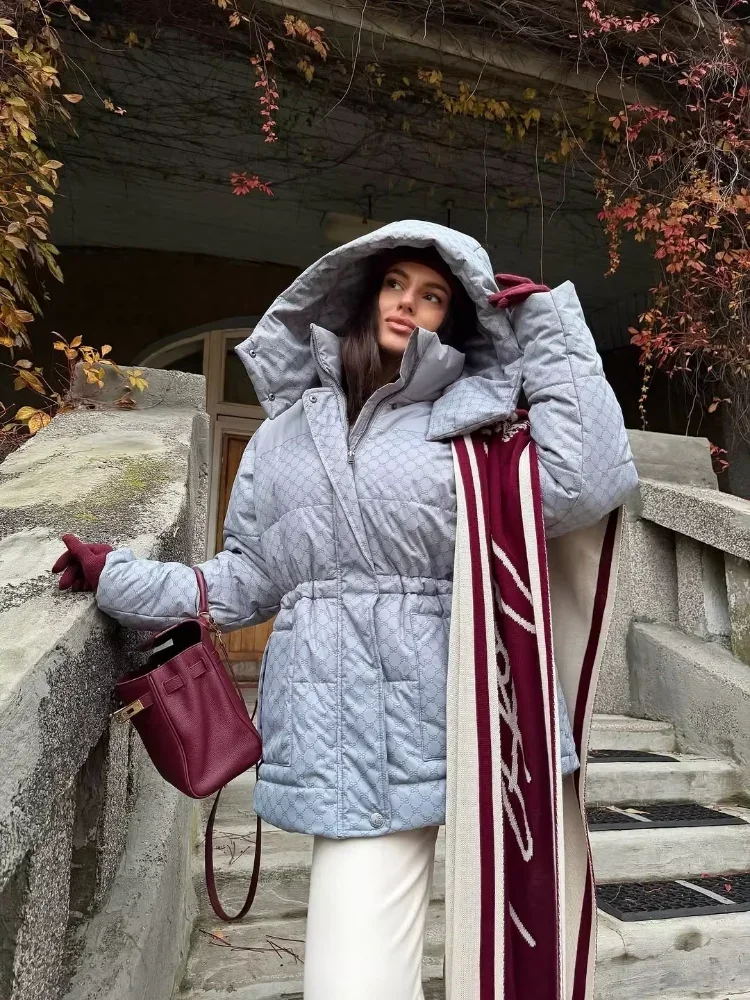 Women's Drawstring Waist Hooded Printed Puffer Coat Mid Length Zip Up Quilted Oversized Padded Jacket Lady Winter Warm Outerwear