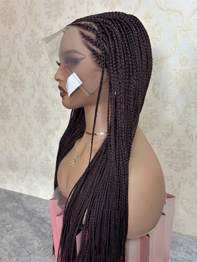 Dark 99J Synthetic Full Lace Braided Wig Crochet Braid Lace Frontal Wig Wine Color Knotless Box Braids Wig for Black Women