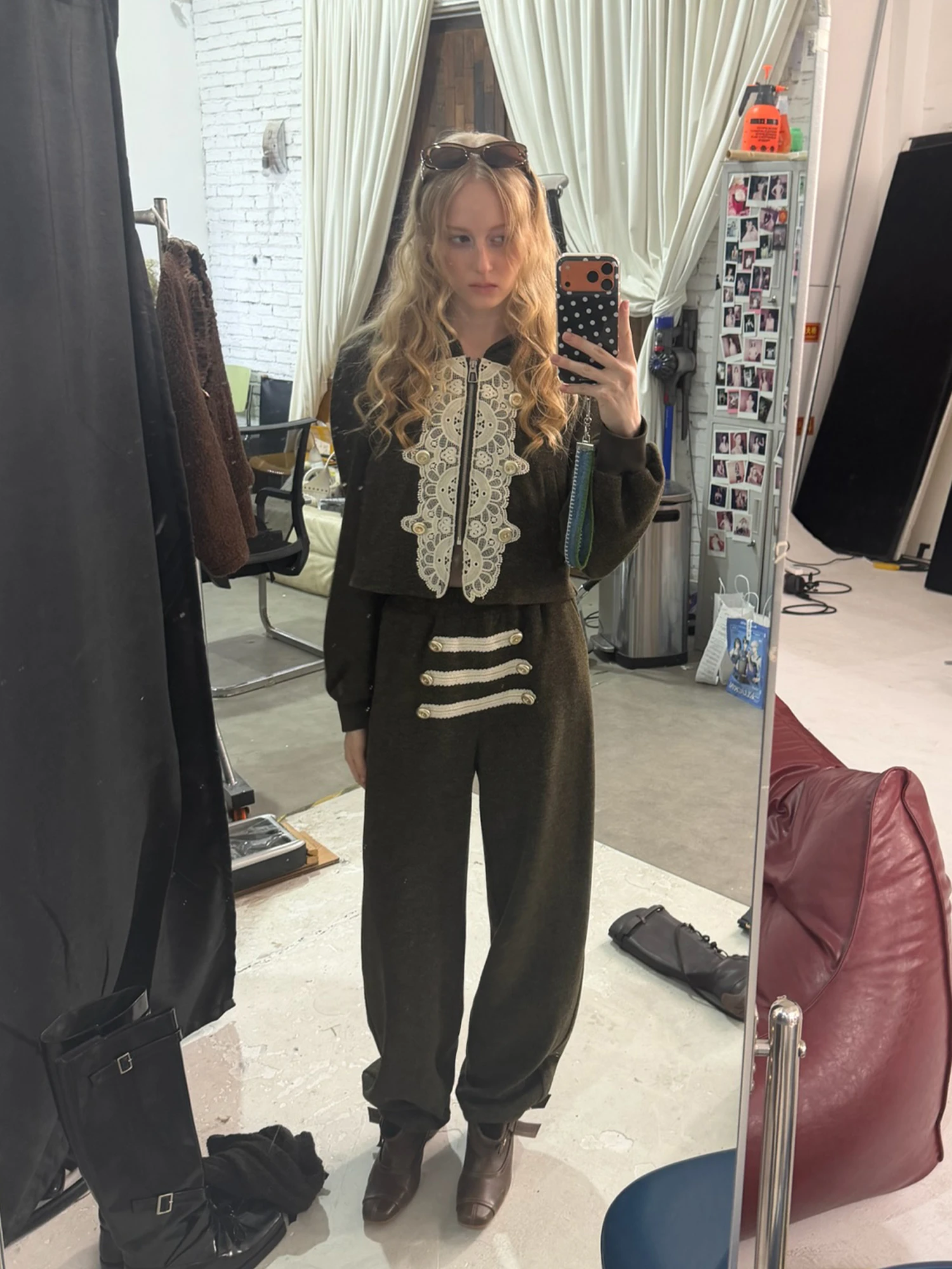 Napoleon Lace Splicing Sweatshirt Set Women's Retro Long Pants Two-Piece Set Autumn New Style Street Fashion Casual Outfit